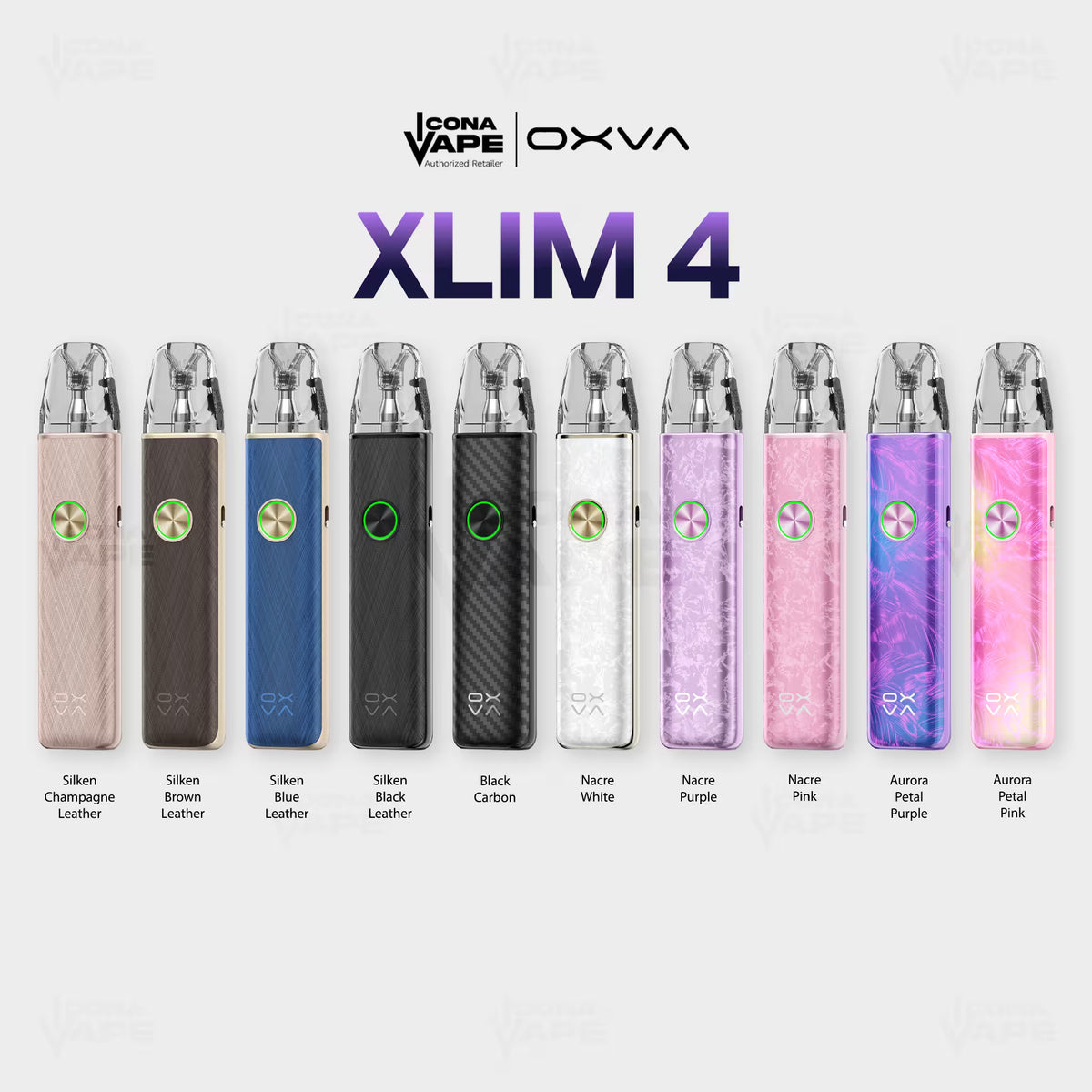 OXVA Xlim 4 color range, all ten finishes side by side at ICONA VAPE Pakistan