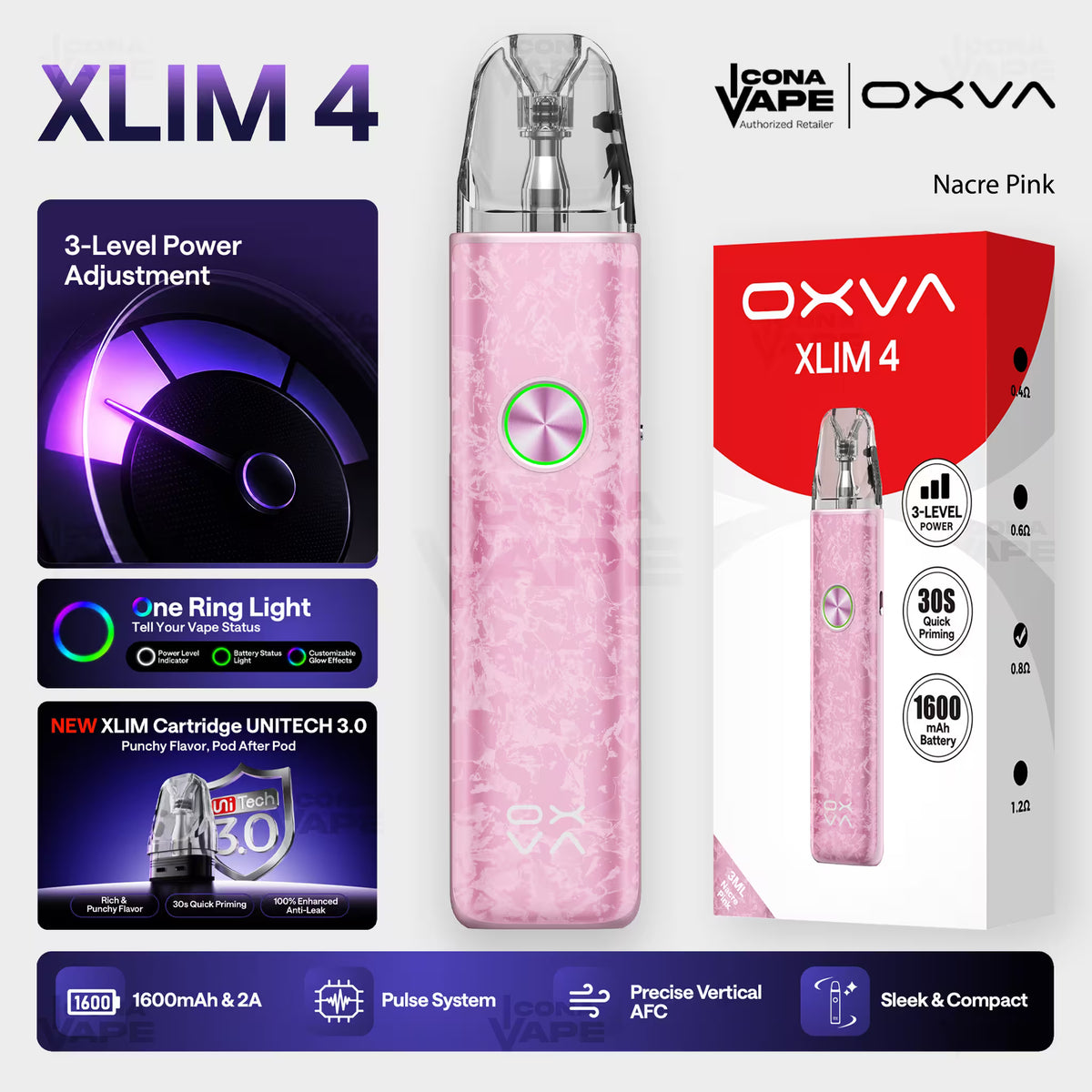 OXVA Xlim 4 pod kit in Nacre Pink with ring light indicator, Pakistan