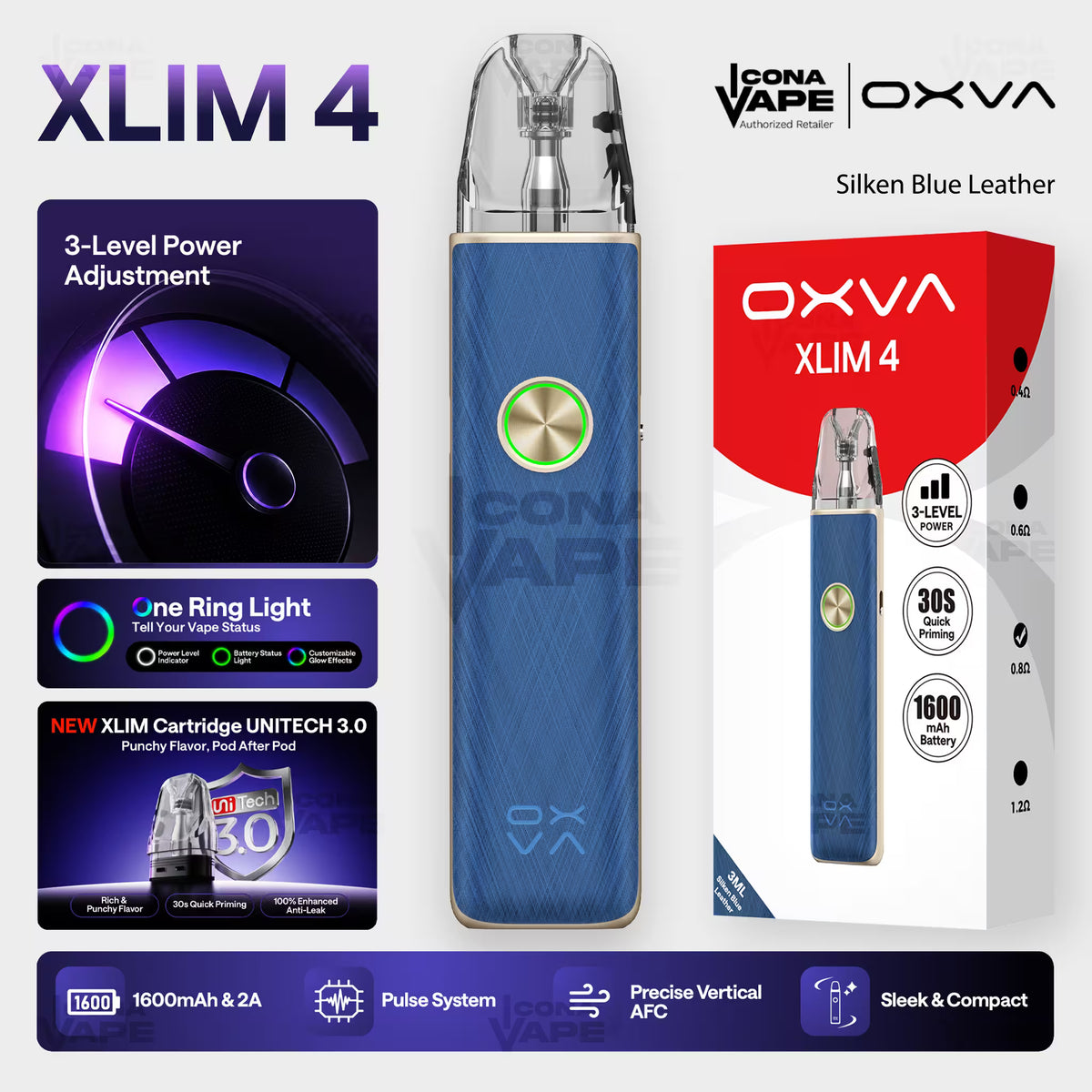 OXVA Xlim 4 pod kit in Silken Blue Leather, adjustable airflow, Pakistan