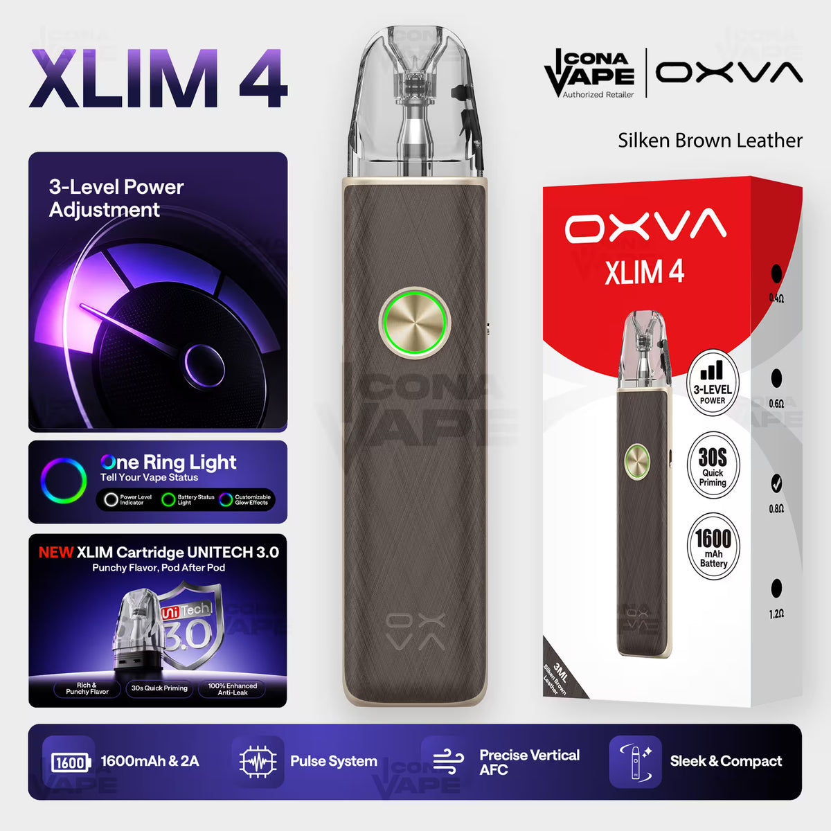 OXVA Xlim 4 pod kit in Silken Brown Leather, zinc alloy body, Pakistan