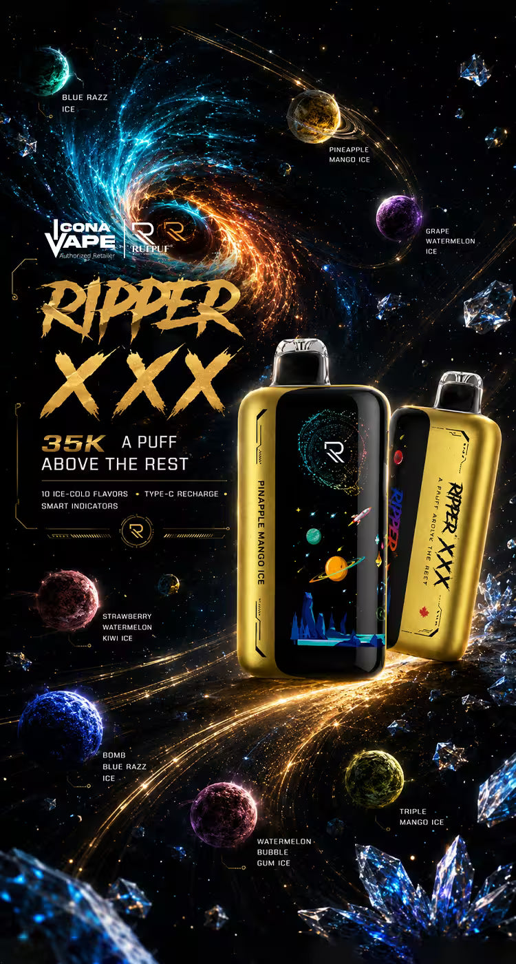 RUFPUF Ripper XXX 35K disposable vape with 10 ice-cold fruit flavors
