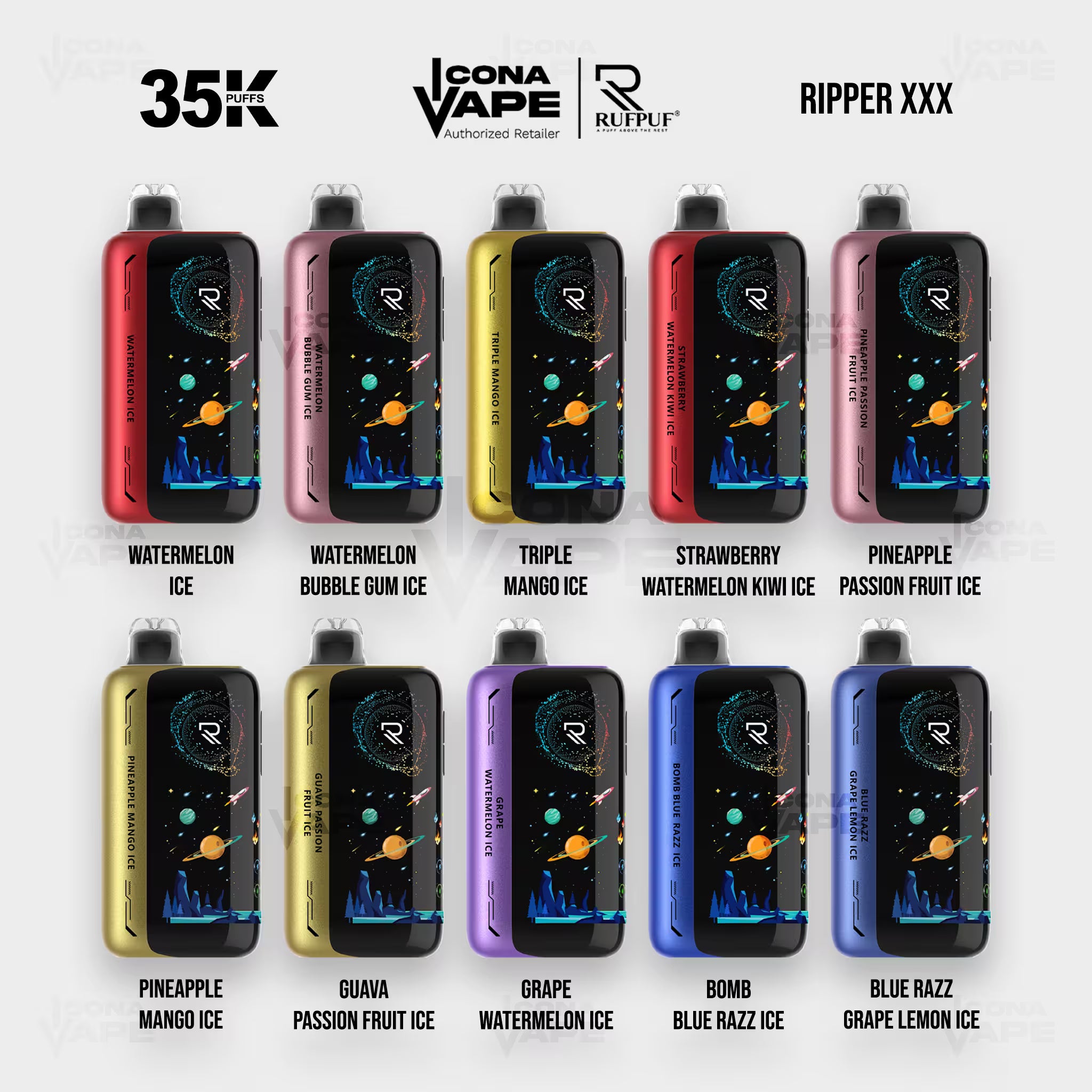 RUFPUF Ripper XXX 35K disposable vape all 10 ice flavors lineup