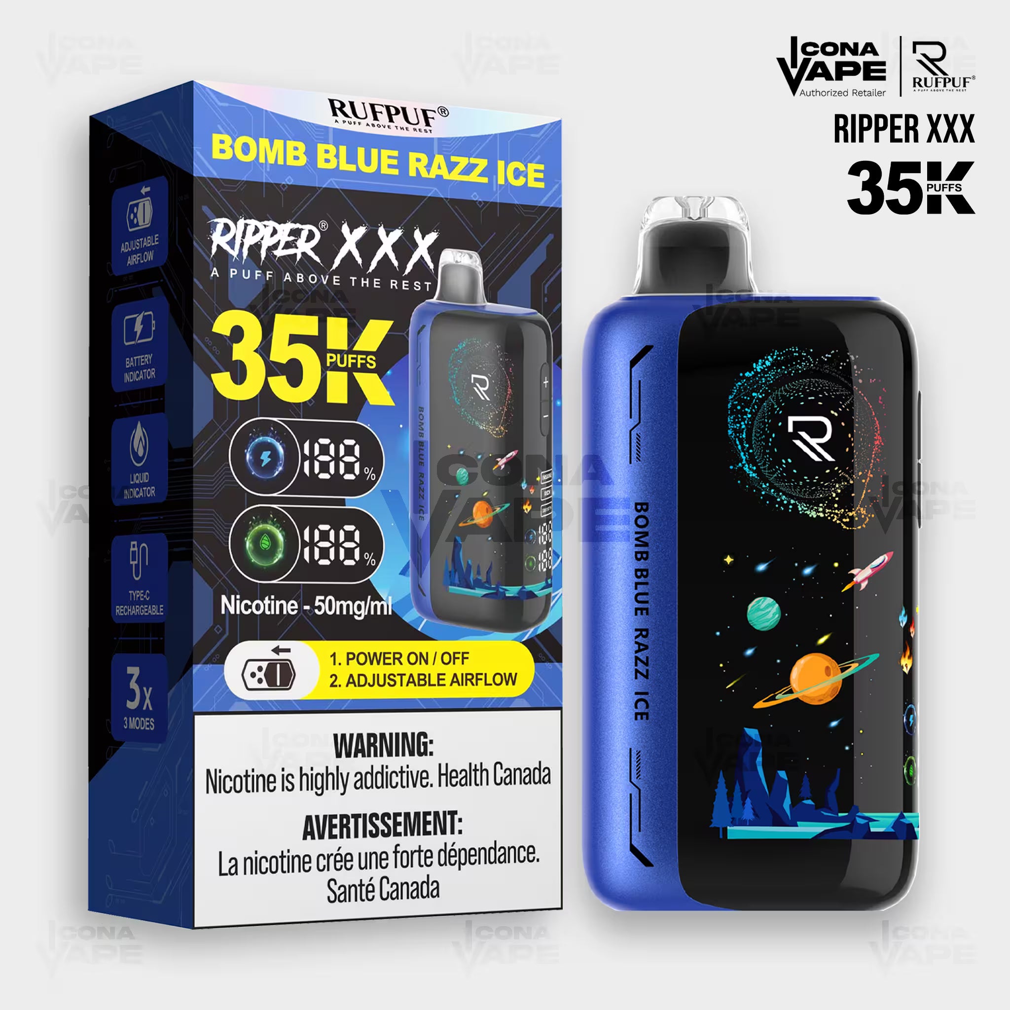 RUFPUF Ripper XXX Bomb Blue Razz Ice 35K vape with Type-C charging