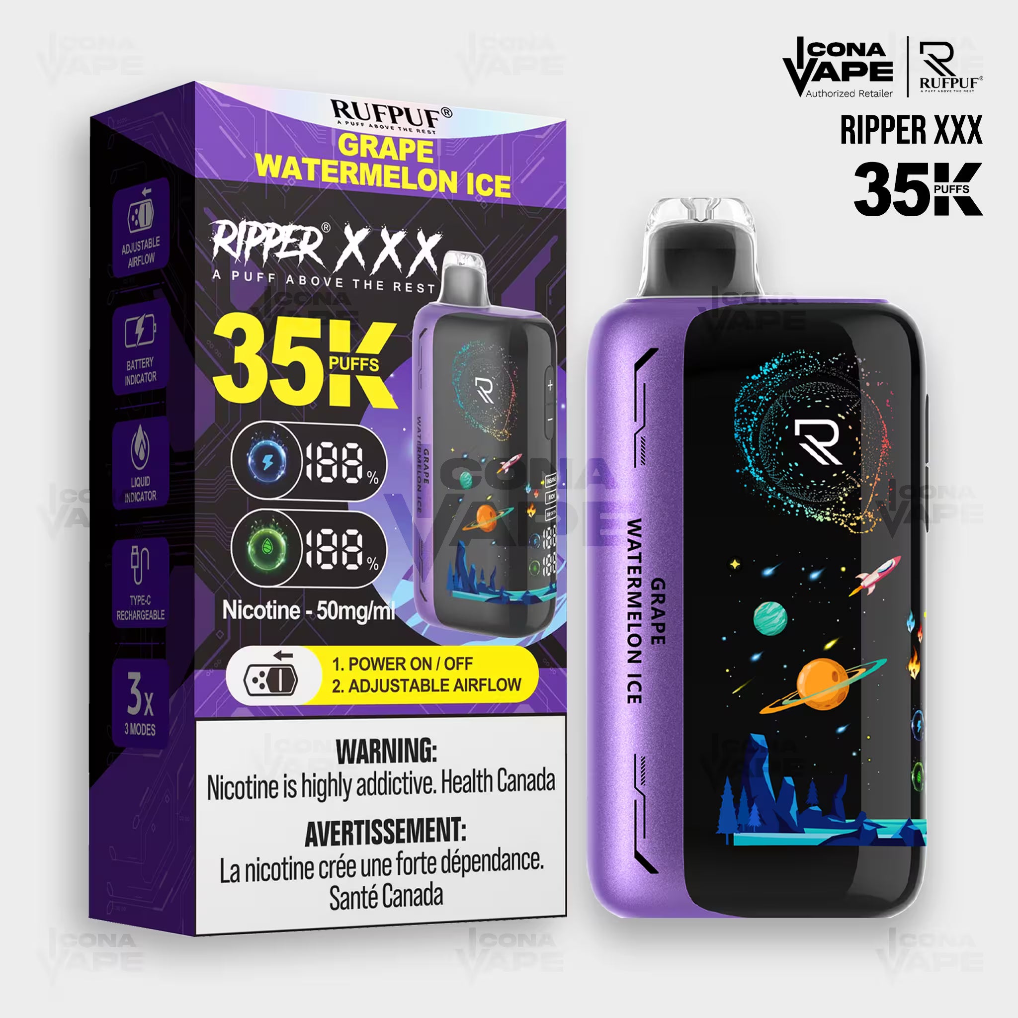RUFPUF Ripper XXX Grape Watermelon Ice 35K vape with airflow control
