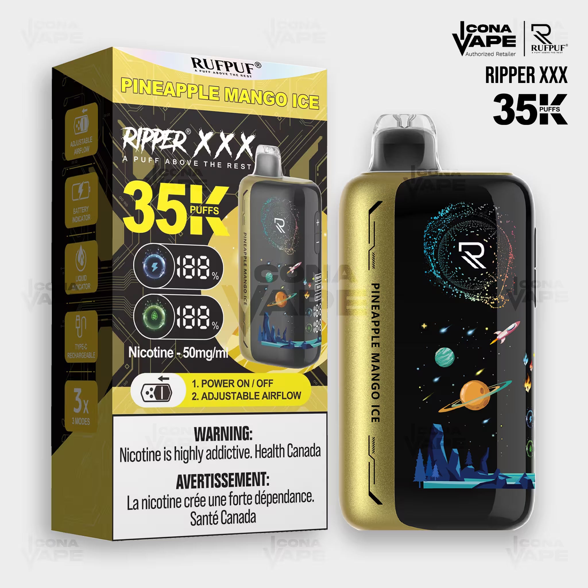 RUFPUF Ripper XXX Pineapple Mango Ice 35K vape with smart indicators