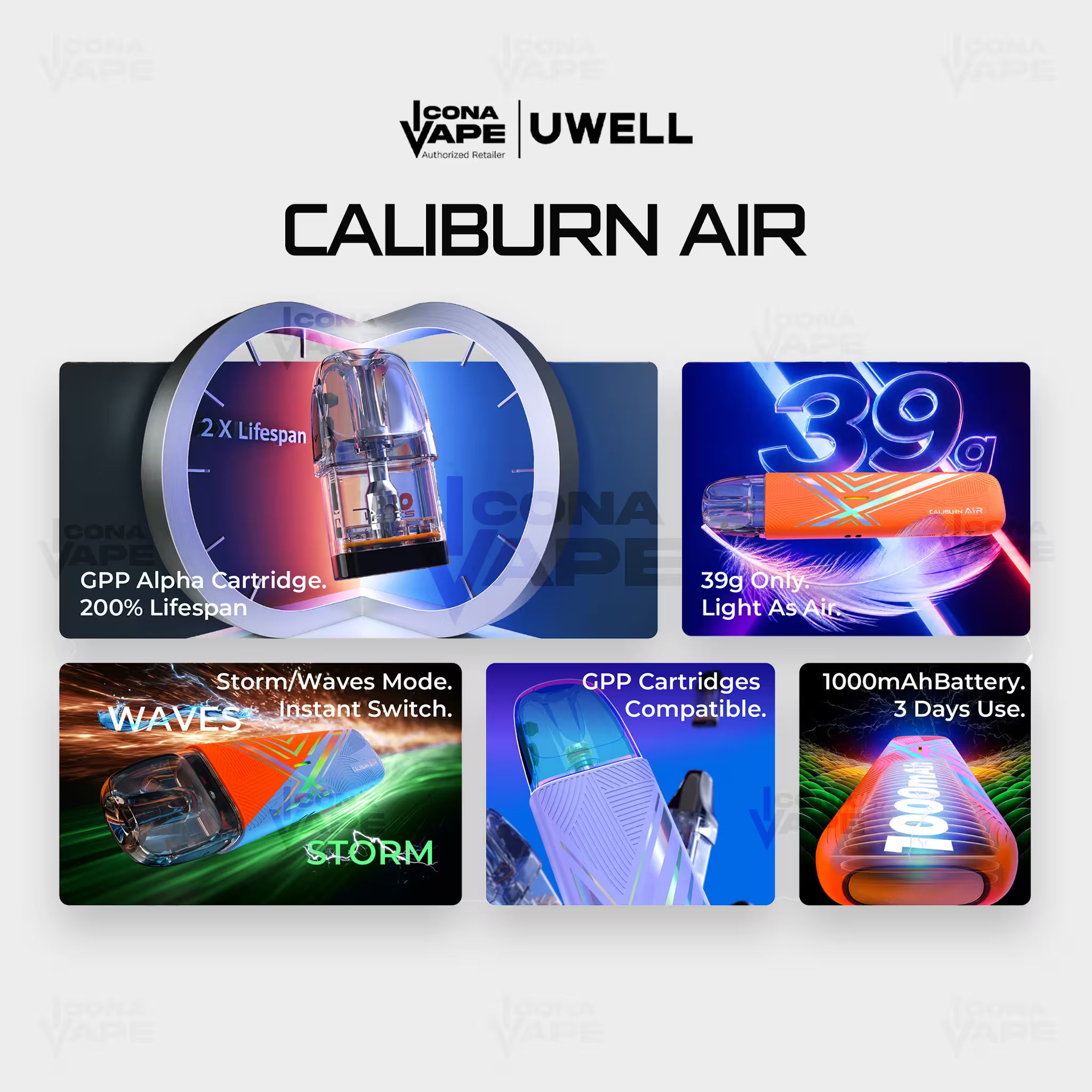 Uwell Caliburn Air Features - 39g, 1000mAh, GPP Alpha, Storm and Waves Modes