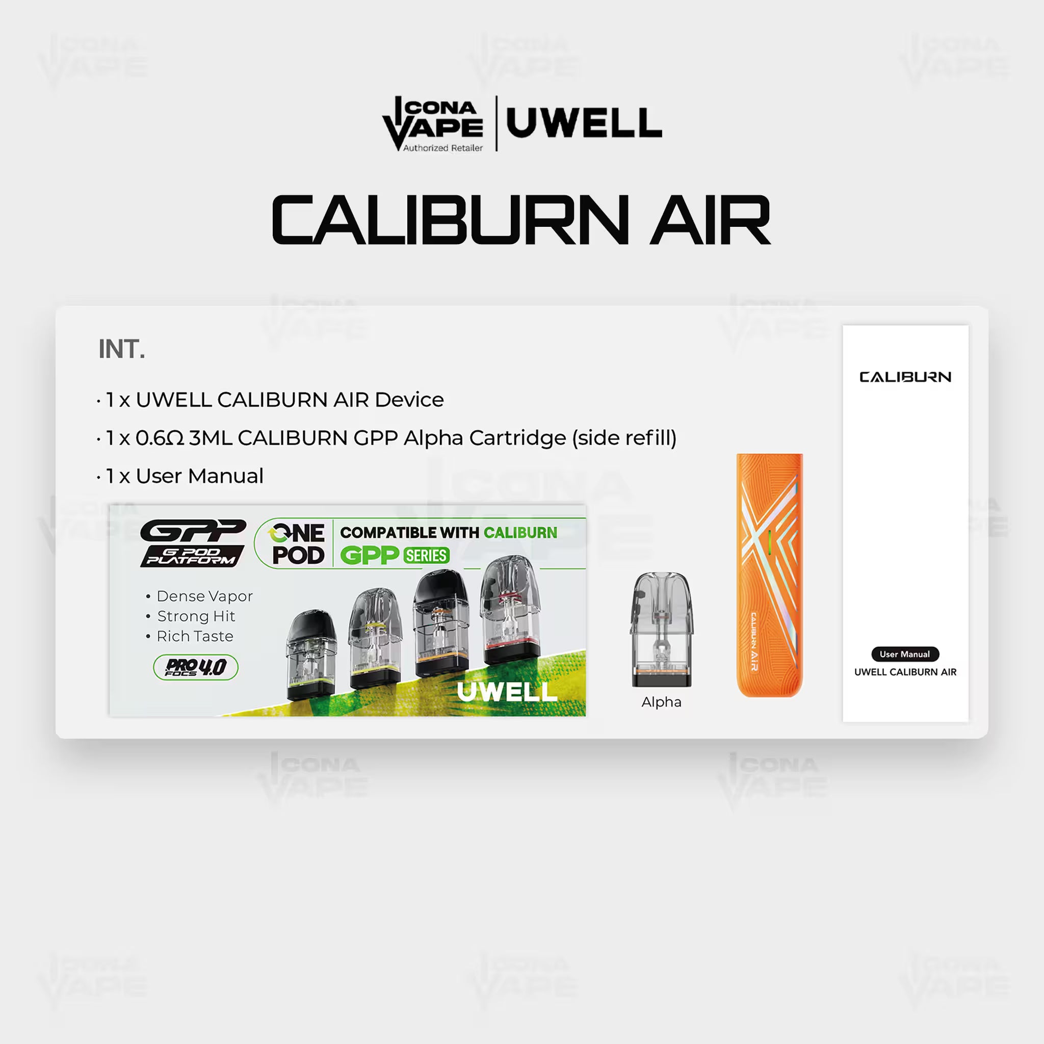 Uwell Caliburn Air Box Contents - Device, GPP Alpha Cartridge, User Manual