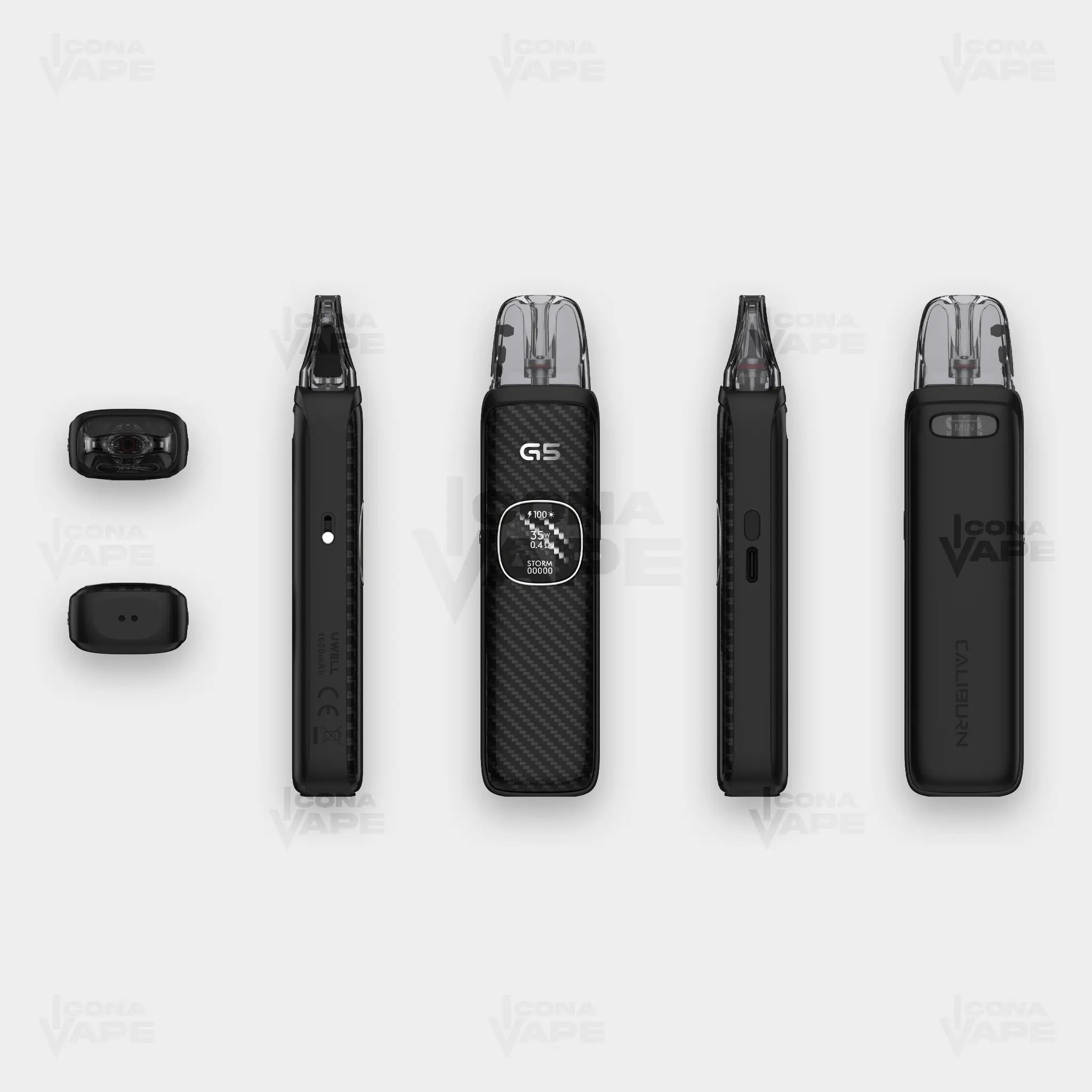 Uwell Caliburn G5 pod kit front side back view with HD screen and compact design