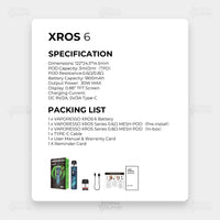 Vaporesso XROS 6 specifications with 30W power, 1800mAh battery and complete box contents overview