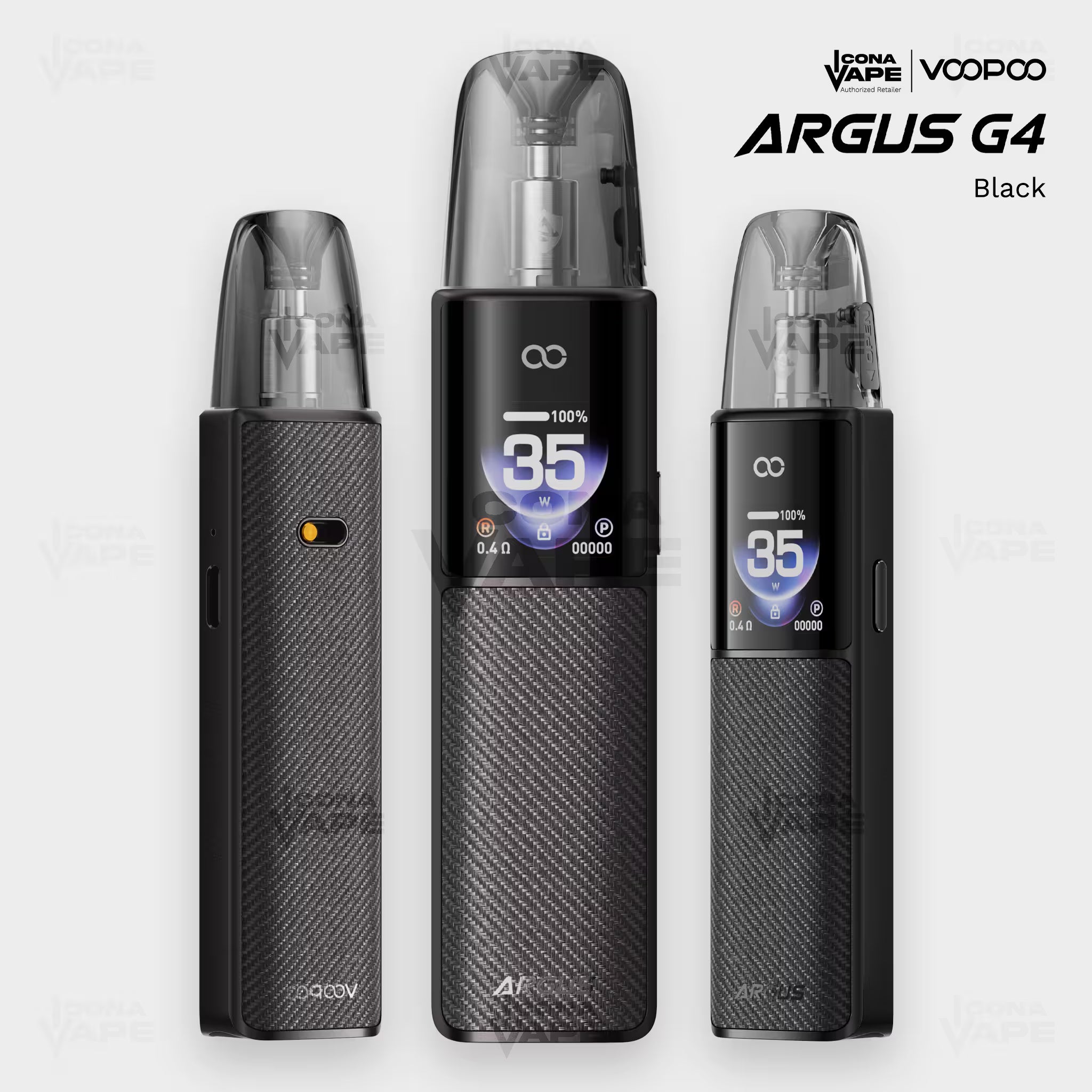 VOOPOO Argus G4 pod vape in Black with carbon-fibre texture, front and side view