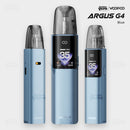 VOOPOO Argus G4 pod vape in Blue brushed-metal finish, front and side view