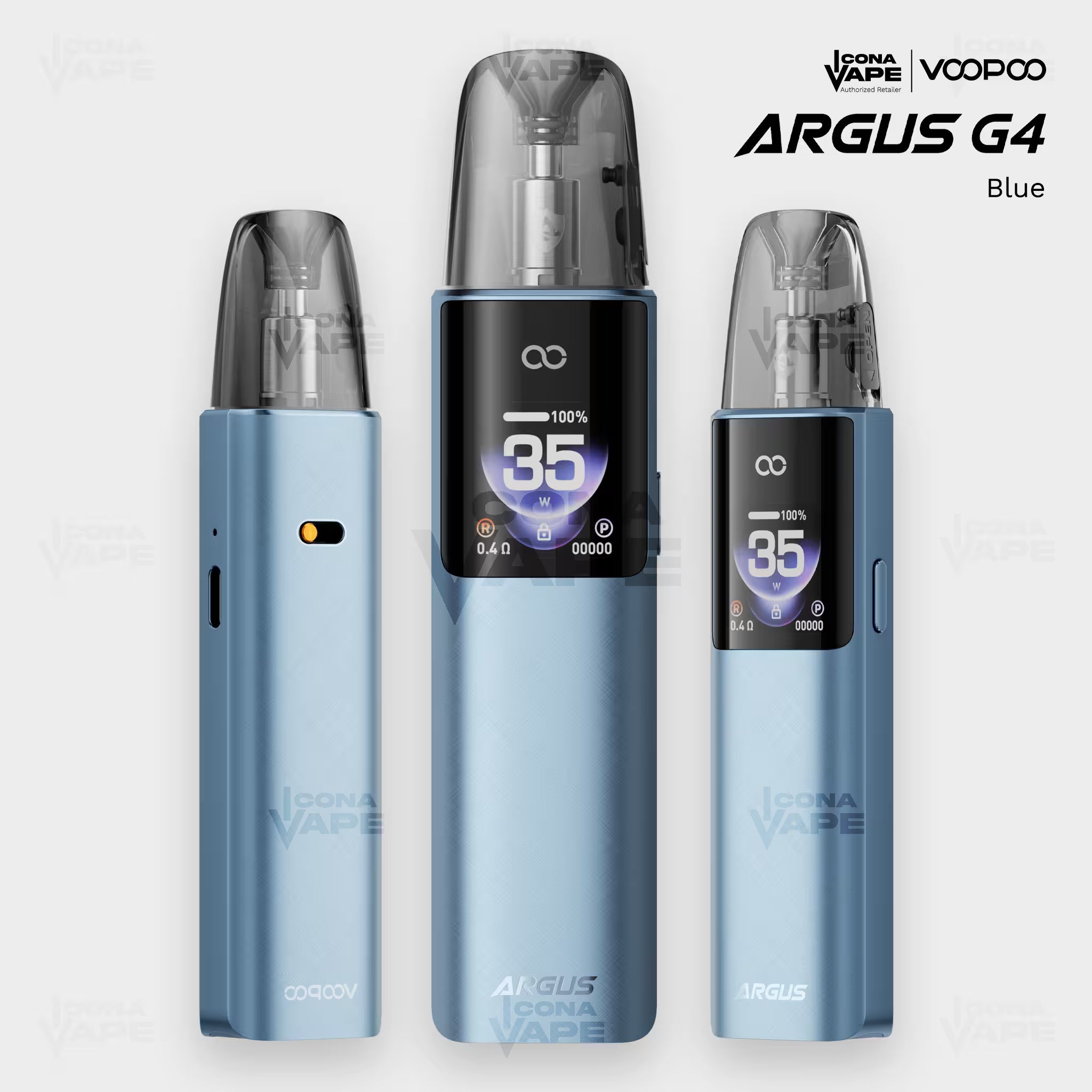 VOOPOO Argus G4 pod vape in Blue brushed-metal finish, front and side view