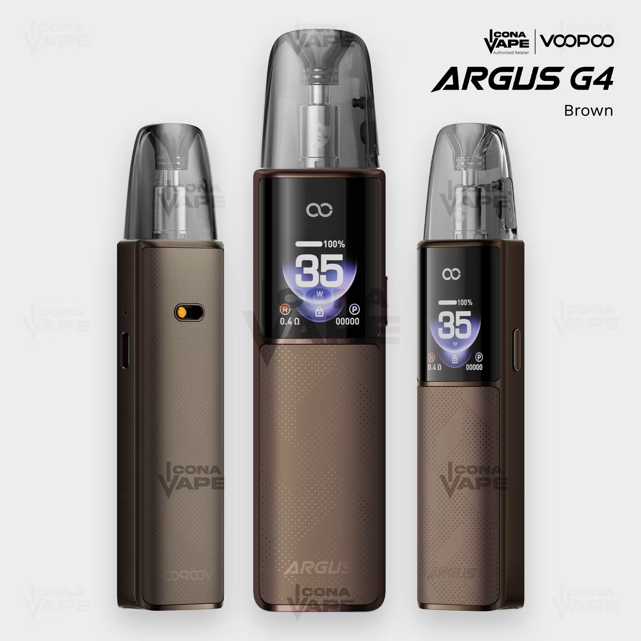VOOPOO Argus G4 pod vape in Brown leather-texture finish, front and side view