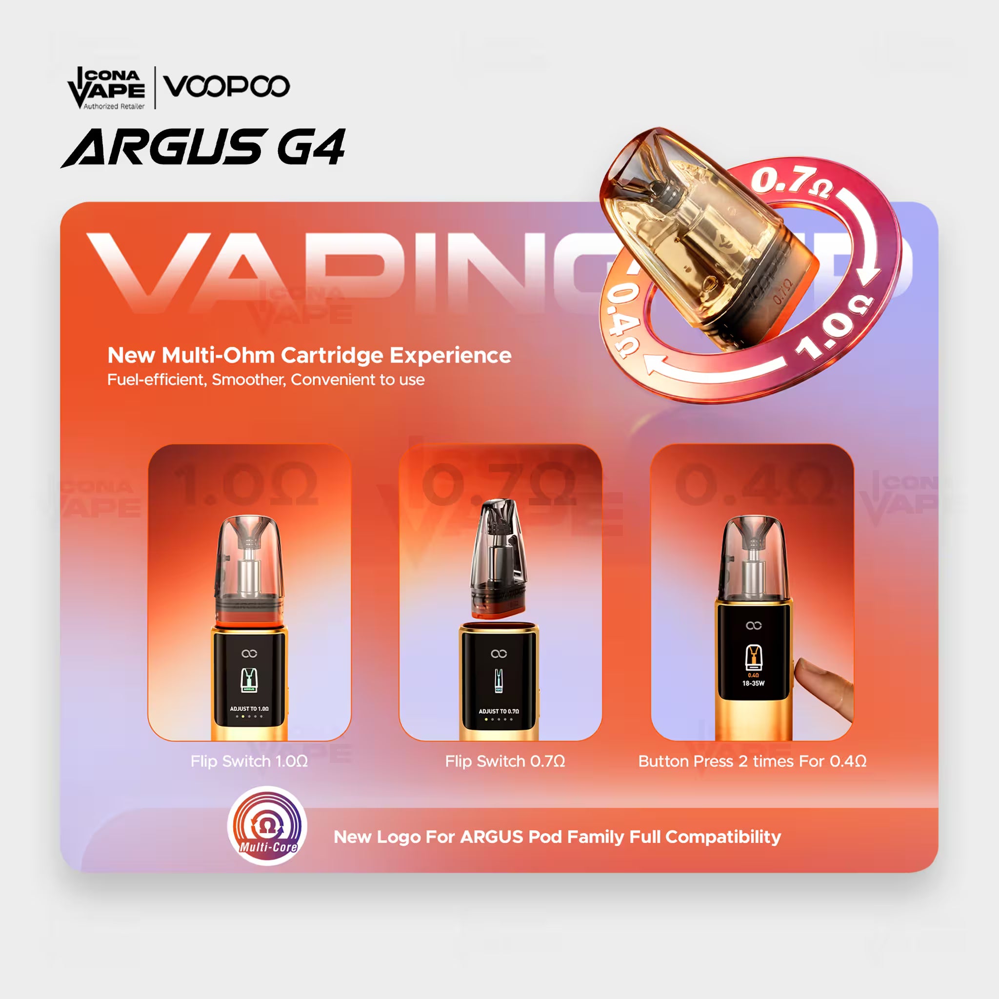 VOOPOO Argus G4 Multi-Ohm Cartridge switching between 0.4, 0.7 and 1.0 ohm by flip and double press