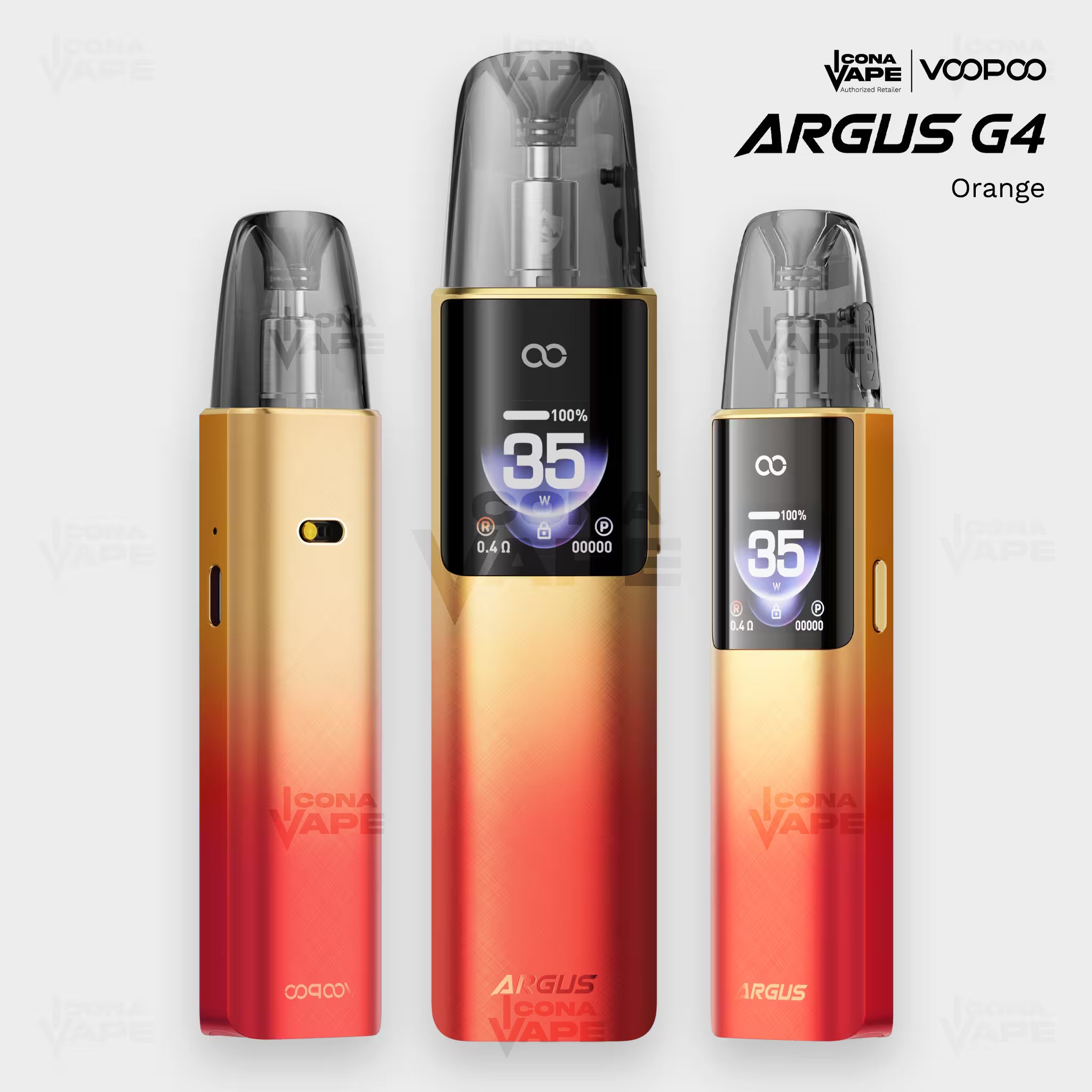 VOOPOO Argus G4 pod vape in Orange to red gradient, front and side view