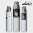 VOOPOO Argus G4 pod vape in Silver brushed-metal finish, front and side view
