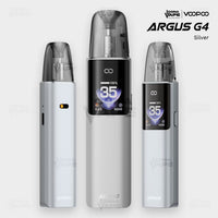 VOOPOO Argus G4 pod vape in Silver brushed-metal finish, front and side view