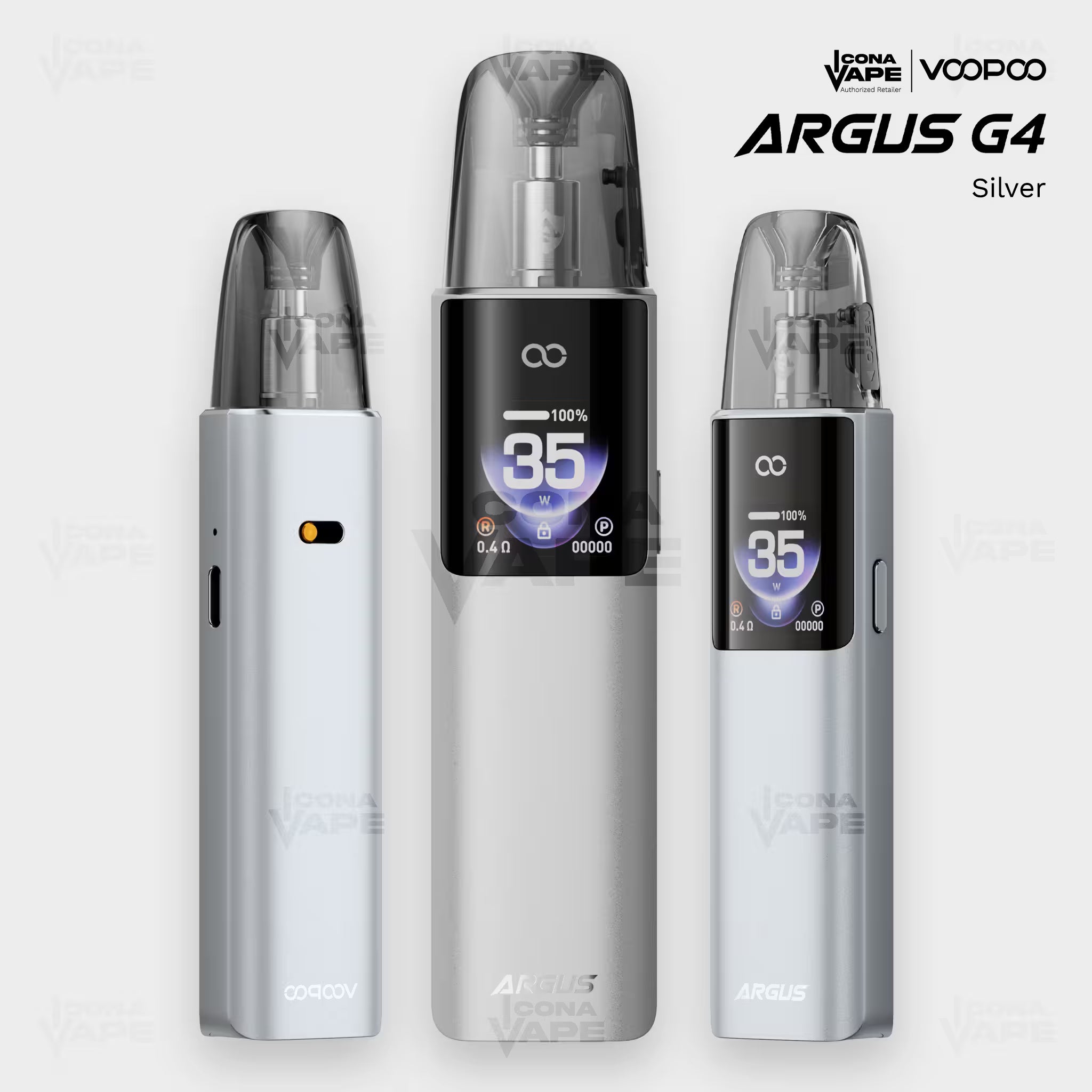 VOOPOO Argus G4 pod vape in Silver brushed-metal finish, front and side view