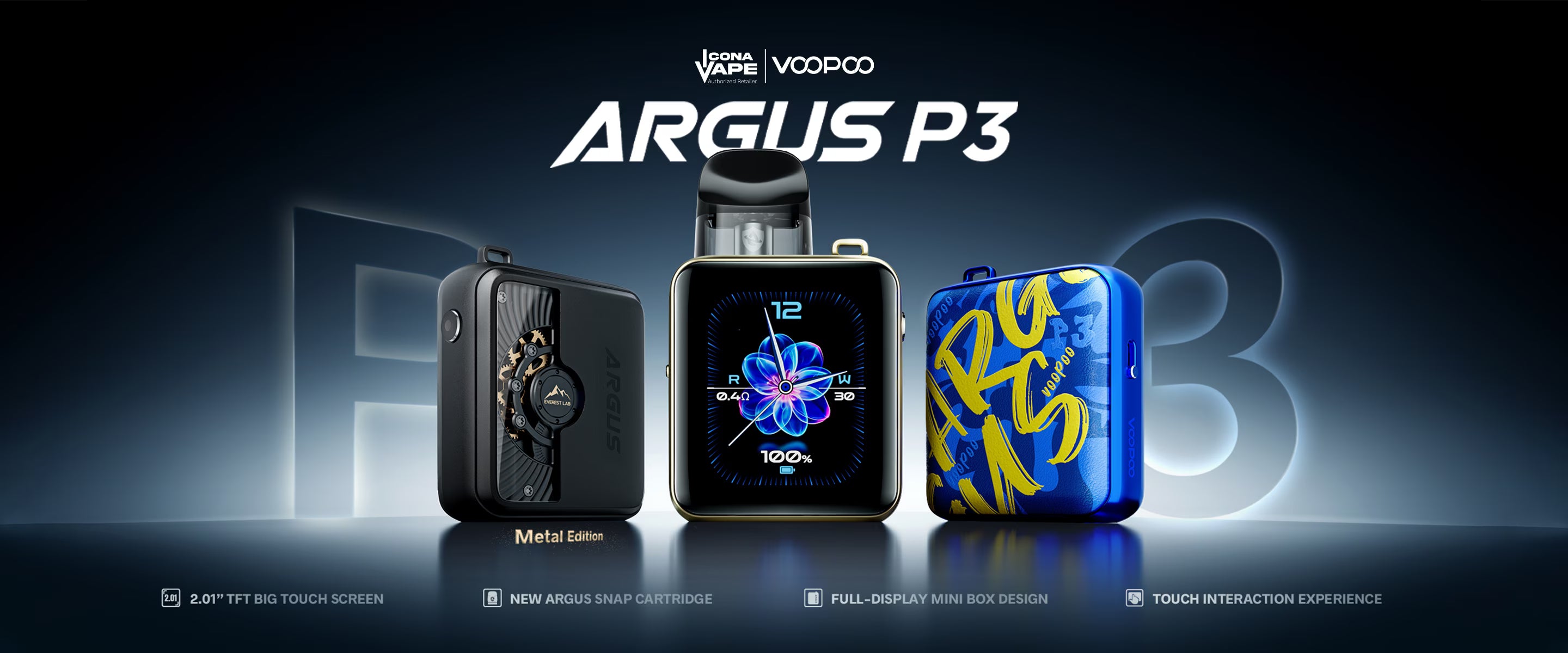 Voopoo Argus P3 pod kit now available in Pakistan at ICONA VAPE, full-touch mini box in Black, Blue and Metal Edition